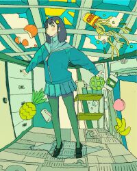 Rule 34 | 1girl, bakui02, banana, black footwear, black hair, blush, bottle, brown eyes, cabinet, cloud, floating, floating object, food, french fries, fruit, full body, glass ceiling, green theme, hair ornament, highres, indoors, jacket, looking to the side, medium hair, original, pantyhose, peach, pineapple, pleated skirt, shadow, skirt, sky, smiley face, solo, standing, sun