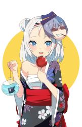 Rule 34 | 1girl, bad id, bad pixiv id, bag, bagged fish, bangs pinned back, black kimono, blue eyes, blush, bubble, candy apple, character mask, collarbone, eating, eyewear on head, fish, floral print, food, girls&#039; frontline, grey hair, hair bun, highres, holding, holding food, japanese clothes, kimono, looking at viewer, mask, mask on head, mp5 (girls&#039; frontline), mp5 (sleepless begonias) (girls&#039; frontline), obi, official alternate costume, open clothes, open kimono, open mouth, red obi, sash, side bun, simple background, single side bun, smile, solo, standing, sunglasses, tareme, thompson (girls&#039; frontline), ururu, water, wide sleeves, yukata