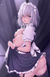 Rule 34 | 1girl, apron, ass, back bow, black dress, black thighhighs, blue eyes, blush, bow, braid, breasts, breasts out, clothes lift, covering privates, covering one breast, dress, dress lift, from side, garter straps, grey hair, highres, izayoi sakuya, kazukoto, large breasts, lifted by self, long hair, looking at viewer, looking to the side, maid, maid headdress, nipples, no panties, open mouth, puffy short sleeves, puffy sleeves, short sleeves, solo, thighhighs, touhou, twin braids, white apron