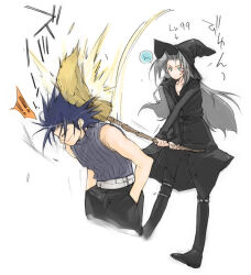 ! !! 2boys arrow_(symbol) bad_id belt black_coat black_footwear black_hat black_pants blue_hair blue_sweater boots broom closed_mouth coat commentary_request cropped_legs dated_commentary dot_mouth expressionless final_fantasy final_fantasy_vii grey_hair hair_slicked_back hands_in_pockets hat hitting holding holding_broom knee_boots light_blush long_bangs long_coat long_hair male_focus medium_hair motion_lines multiple_boys no_armor no_gloves pants parted_bangs sephiroth sleeveless sleeveless_sweater sleeveless_turtleneck spiked_hair sweater toujou_sakana translation_request turtleneck turtleneck_sweater very_long_hair white_background white_belt witch witch_hat zack_fair