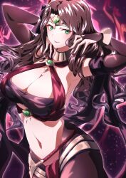 Rule 34 | 1girl, absurdres, armpits, bracelet, breasts, brown hair, choker, cleavage, closed mouth, dancer, dorothea arnault, dorothea arnault (plegian), fire emblem, fire emblem: three houses, fire emblem heroes, green eyes, hands up, hat, highres, jewelry, large breasts, long hair, looking at viewer, navel, nintendo, official alternate costume, revealing clothes, smile, solo, stomach, to (tototo tk), two-tone background