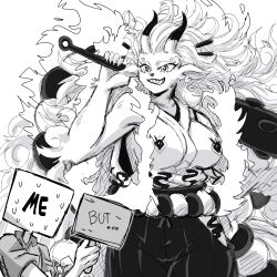 Rule 34 | 1girl, alternate form, animal ears, animal nose, artist self-insert, bare arms, bare shoulders, big hair, body fur, club, club (weapon), earrings, english text, eyebrows, furry, furry female, greyscale, grin, hair ornament, hair stick, hakama, hakama pants, highres, holding, holding sign, holding weapon, horns, japanese clothes, jewelry, kanabou, kimono, lewdamone, monochrome, multicolored horns, nervous sweating, one piece, over shoulder, pants, rope, sharp teeth, shimenawa, shirt, sign, simple background, sleeveless, sleeveless kimono, smile, spoilers, sweat, tail, teeth, weapon, weapon over shoulder, white background, yamato (one piece)