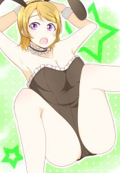 Rule 34 | 1girl, :o, armpits, bare legs, bare shoulders, black leotard, blush, breasts, brown hair, cleavage, collarbone, detached collar, feitonokesin, female focus, green background, hair between eyes, hand on own head, highres, knees up, koizumi hanayo, legs up, leotard, looking at viewer, love live!, love live! school idol project, medium breasts, open mouth, parted lips, playboy bunny, polka dot, polka dot background, purple eyes, short hair, smile, solo, star (symbol), star print, white detached collar, white wrist cuffs, wrist cuffs