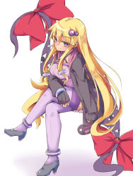 Rule 34 | 1girl, anklet, black jacket, blush, bracelet, breasts, cosplay, crossed legs, dress, gap (touhou), hair ornament, hairclip, jacket, jewelry, kaimuchann, long hair, long sleeves, name connection, purple dress, purple eyes, purple thighhighs, shoes, short dress, simple background, sitting, smile, solo, strapless, strapless dress, thighhighs, touhou, very long hair, vocaloid, voiceroid, white background, yakumo yukari, yuzuki yukari, yuzuki yukari (cosplay)