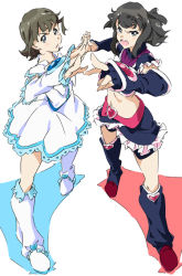 Rule 34 | &gt;:d, 2girls, :d, arm up, arm warmers, belt, black hair, black skirt, boots, brown hair, commentary request, cosplay, crossover, cure black, cure black (cosplay), cure white, cure white (cosplay), dress, fingerless gloves, forest, frilled skirt, frills, futari wa precure, gloves, grey eyes, hayashida airi, heart, interlocked fingers, leg warmers, looking at viewer, magical girl, multiple girls, nature, navel, open mouth, precure, red footwear, shimada mayu, shoes, simple background, sketch, skirt, smile, stomach, umanosuke, v-shaped eyebrows, wake up girls!, white background, white dress, white footwear