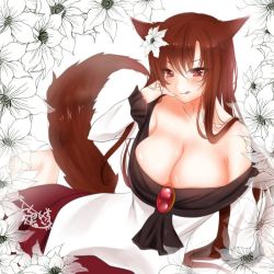 Rule 34 | &gt;:p, 1girl, animal ears, arm support, bare shoulders, barefoot, blush, breasts, brooch, brown hair, clematis (flower), commentary request, dress, flower, flower request, hair between eyes, hair flower, hair ornament, ichinose aki, imaizumi kagerou, jewelry, large breasts, long hair, looking at viewer, multicolored clothes, multicolored dress, off-shoulder dress, off shoulder, red eyes, signature, sitting, solo, tail, tongue, tongue out, touhou, v-shaped eyebrows, white background, white flower, wolf ears, wolf tail
