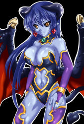 Rule 34 | 1girl, armor, astaroth (shinrabanshou), bare shoulders, bat wings, black background, black leotard, black sclera, blue hair, blue skin, bracelet, breasts, bridal gauntlets, brown hair, center opening, cleavage, clothing cutout, colored sclera, colored skin, demon girl, demon horns, demon tail, detached collar, earrings, elbow gloves, fingerless gloves, fingernails, gem, gloves, hair between eyes, hand on own thigh, heart, heart earrings, highres, horns, jewelry, large breasts, legs apart, leotard, light smile, long fingernails, long hair, looking at viewer, midriff, nail polish, navel, navel cutout, nishiumi yuuta, orange eyes, outline, parted bangs, pink nails, pointy ears, purple thighhighs, red wings, shinrabanshou, shiny clothes, shiny skin, short hair, sideboob, simple background, smile, solo, standing, strapless, strapless leotard, tail, thighhighs, very long hair, wings, yellow eyes