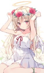 Rule 34 | 1girl, absurdres, angel wings, armpits, arms up, bare arms, bare shoulders, breasts, brown hair, closed mouth, collarbone, commentary request, dress, feet out of frame, floral background, flower, flower wreath, hair between eyes, halo, head wreath, highres, long hair, looking at viewer, original, red eyes, red flower, red rose, revision, rose, sitting, small breasts, solo, sundress, very long hair, wariza, white background, white dress, white flower, wings, zoirun