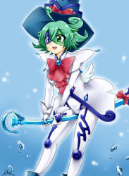 Rule 34 | 1girl, blue background, blue hat, blush, broom, duel monster, gloves, green eyes, green hair, happy, hat, highres, holding, holding broom, matching hair/eyes, navel, omega na hito, red ribbon, ribbon, smile, solo, white gloves, windwitch glass bell, wings, witch, witch hat, yu-gi-oh!, yu-gi-oh! duel monsters