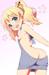 Rule 34 | 1girl, 9law, alice cartelet, ass, backless outfit, bad id, bad pixiv id, bare back, blonde hair, blue eyes, breasts, gradient background, grey sweater, hair ornament, hair stick, kin-iro mosaic, looking at viewer, meme attire, open mouth, short hair, sideboob, small breasts, solo, sweater, turtleneck, turtleneck sweater, twintails, virgin killer sweater