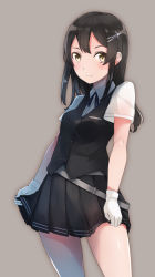 Rule 34 | 10s, 1girl, belt, black hair, blush, buttons, comah, gloves, hair ornament, hairclip, kantai collection, long hair, looking at viewer, oyashio (kancolle), pleated skirt, school uniform, short sleeves, simple background, skirt, solo, vest, white gloves, yellow eyes