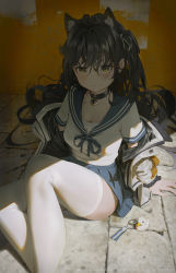 Rule 34 | 1girl, absurdres, animal ears, arm support, bell, black hair, blue ribbon, blue skirt, blush, breasts, brick floor, cat ears, charm (object), choker, closed mouth, from above, grey jacket, hair ribbon, halterneck, highres, jacket, jmostro, long hair, looking at viewer, neck bell, neck ribbon, on floor, one side up, original, pleated skirt, ribbon, school uniform, serafuku, shade, sitting, skirt, stuffed animal, stuffed duck, stuffed toy, thighhighs, thighs, v-shaped eyebrows, white ribbon, white serafuku, white thighhighs, yellow eyes