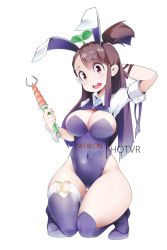 Rule 34 | 1girl, alternate breast size, animal ears, artist name, breasts, brown eyes, brown hair, clothing request, commentary, ears visible through hair, english commentary, hair ornament, holding, hot vr, kagari atsuko, kneeling, large breasts, leaf, leaf hair ornament, leotard, little witch academia, long hair, looking at viewer, multicolored hair, object request, open mouth, patreon username, pixiv username, playboy bunny, purple hair, rabbit ears, simple background, solo, tagme, thighs, white background