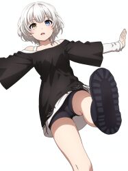 Rule 34 | 1girl, absurdres, bang dream!, bang dream! it&#039;s mygo!!!!!, bare shoulders, bike shorts, black footwear, black shirt, blue eyes, boots, collarbone, commentary, foot out of frame, from below, hands up, heterochromia, highres, kaname raana, layered sleeves, leg up, light blush, long shirt, long sleeves, looking at viewer, looking down, medium hair, noshimurin, off-shoulder shirt, off shoulder, outstretched arms, parted lips, shirt, shoe soles, short sleeves, simple background, solo, spread arms, standing, standing on one leg, teeth, upper teeth only, upshirt, white background, white hair, white shirt, wide sleeves, yellow eyes