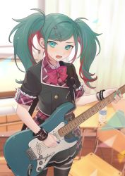 Rule 34 | 1girl, absurdres, belt, blue eyes, blush, bottle, bow, bowtie, buttons, double-breasted, electric guitar, fender stratocaster, flustered, frills, green eyes, green hair, guitar, hair ornament, hairclip, hatsune miku, highres, holding, holding instrument, indoors, instrument, leo/need (project sekai), leo/need miku, multicolored hair, nail polish, open mouth, pink hair, plaid, project sekai, safety pin, school uniform, short sleeves, skirt, solo, streaked hair, sweat, thighhighs, twintails, two-tone hair, vocaloid, vs0mr, water bottle, wrist cuffs