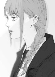 Rule 34 | 1girl, absurdres, braid, braided ponytail, chainsaw man, commentary, formal, greyscale, hair behind ear, hair over shoulder, highres, jacket, makima (chainsaw man), monochrome, necktie, parted lips, portrait, profile, senaka look, sidelocks, single braid, solo, suit