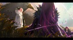 Rule 34 | 1boy, 2girls, astolfo (fate), bird, blurry, blurry background, bow, cape, choker, clone, cloud, cloudy sky, dress, electricity, facing away, fate/grand order, fate (series), feather trim, fur-trimmed dress, fur trim, grass, hair bow, headpiece, hippogriff, letterboxed, mountain, multiple girls, otsumami (bu-bu-heaven), purple dress, purple eyes, purple hair, red eyes, scathach (fate), scathach skadi (fate), sky, tiara, trap