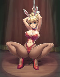 Rule 34 | 1girl, animal ears, armpits, arms up, banpresto, blonde hair, blue eyes, breasts, cleavage, excellen browning, fake animal ears, fishnet pantyhose, fishnets, high heels, highres, large breasts, legs, leotard, long hair, nipple slip, nipples, pantyhose, playboy bunny, pole, pole dancing, ponytail, pumps, rabbit ears, shoes, smile, solo, speh, spread legs, squatting, stripper pole, super robot wars, thick thighs, thighs, unmoving pattern