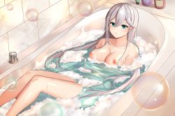 Rule 34 | 1girl, aircell, aqua eyes, arms under breasts, bad id, bad pixiv id, bathing, bathtub, blush, bottle, breasts, bubble, cecilia schariac, completely nude, grey hair, hair between eyes, highres, honkai (series), honkai impact 3rd, large breasts, long hair, looking at viewer, nipples, nude, partially submerged, sidelocks, smile, solo, very long hair, wet