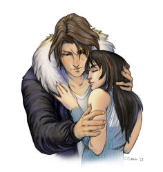 Rule 34 | 1boy, 1girl, artist name, black hair, black jacket, blue sweater, brown eyes, brown hair, collarbone, collette curran, commentary, couple, english commentary, final fantasy, final fantasy viii, fur-trimmed jacket, fur trim, hetero, hug, jacket, looking down, ribbed sweater, rinoa heartilly, scar, scar on face, shirt, simple background, sleeveless, sleeveless sweater, squall leonhart, sweater, upper body, white background, white shirt