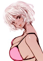 Rule 34 | 1girl, :p, bra, breasts, dark skin, dark-skinned female, female focus, ganguro, gyaru, large breasts, looking at viewer, mole, mole under mouth, original, pink bra, short hair, silver hair, simple background, solo, souryu, tongue, tongue out, underwear, white background
