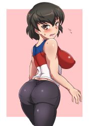 Rule 34 | 10s, 1girl, absurdres, ass, bare shoulders, bike shorts, blush, breasts, brown eyes, brown hair, caesar (girls und panzer), covered erect nipples, embarrassed, flying sweatdrops, from behind, girls und panzer, highres, large breasts, looking at viewer, looking back, open mouth, shiny clothes, shiny skin, short hair, sideboob, solo, sweat, tarvor