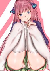 Rule 34 | 1girl, absurdres, black ribbon, blazer, blue eyes, blunt bangs, butterfly hair ornament, closed mouth, collared shirt, commentary, go-toubun no hanayome, green skirt, hair ornament, hair ribbon, hand on own knee, highres, jacket, knees up, long hair, looking at viewer, miniskirt, nakano nino, panties, pantyshot, pink background, pink hair, ribbon, school uniform, shirt, sitting, skirt, smile, solo, thighhighs, two-tone background, underwear, white background, white panties, white shirt, white thighhighs, woo (woosan)