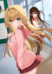 Rule 34 | 2girls, absurdres, ahoge, blonde hair, blurry, blurry background, bow, breasts, brown hair, collarbone, copyright request, cover, cover page, crossed arms, flat chest, green eyes, hair between eyes, hair bow, hair intakes, hair ribbon, highres, long hair, medium breasts, multiple girls, pantyhose, pink sweater, piyopoyo, pleated skirt, purple eyes, purple ribbon, red sailor collar, red skirt, ribbon, sailor collar, second-party source, shirt, skirt, smile, sweater, sweater vest, thighhighs, white bow, white shirt, window, wooden floor, yellow sweater vest
