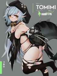 Rule 34 | 1girl, ahoge, arknights, arm behind back, ass, black legwear, black panties, black shirt, black sleeves, breasts, character name, commentary, crocodilian tail, detached sleeves, foot out of frame, from side, goggles, goggles around neck, green hair, grey background, grey hair, highres, leg up, looking at viewer, medium breasts, multicolored hair, panties, pointy ears, sakana (mimic0811), shirt, sideboob, simple background, solo, spaghetti strap, streaked hair, tail, thighs, tomimi (arknights), underwear, yellow eyes