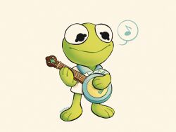 Rule 34 | 1boy, artist name, collared shirt, colored skin, frog boy, full body, green skin, guitar, highres, holding, holding instrument, horizontal pupils, instrument, kermit the frog, muppets, music, musical note, official alternate costume, playing instrument, shirt, short sleeves, simple background, smile, solo, spoken musical note, standing, teletelo