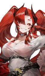 Rule 34 | 1girl, absurdres, arknights, breasts, dress, fingernails, grin, heart, heart-shaped pupils, highres, horns, large breasts, liuli yuanxiaoniao, material growth, oripathy lesion (arknights), red eyes, red hair, see-through, see-through dress, sharp fingernails, smile, symbol-shaped pupils, toddifons (arknights), twintails
