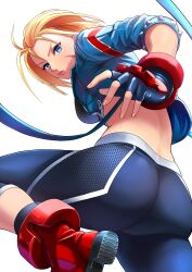 Rule 34 | 1girl, absurdres, antenna hair, ass, blonde hair, blue eyes, blue gloves, blue jacket, cammy white, commentary request, crop top, cropped jacket, fingerless gloves, gloves, highres, jacket, kunimaki, looking back, open clothes, open jacket, pants, parted lips, pink lips, red footwear, short hair, simple background, solo, street fighter, street fighter 6, white background, yoga pants