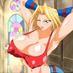 Rule 34 | 1girl, alternate eye color, armpits, arms behind head, blonde hair, blue mary, blush, breasts, church, cleavage, covered erect nipples, denim, fatal fury, green eyes, highres, jeans, large breasts, legs, midriff, navel, official style, one eye closed, pants, pink lips, short hair, smile, snuke, tank top, the king of fighters, thighs, wink