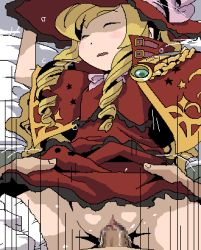 Rule 34 | 1girl, atlus, bed, blonde hair, blush, capelet, censored, clothed sex, doctor magus, drill hair, closed eyes, hat, long hair, lowres, lying, oekaki, penis, pussy, etrian odyssey, sex, solo focus, spread legs, tomu (tomubobu), twin drills, vaginal