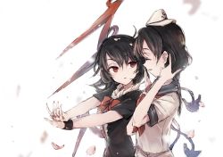 Rule 34 | 2girls, armband, asymmetrical wings, bad id, bad twitter id, black dress, black hair, bow, cherry blossoms, dress, eyebrows, closed eyes, hand to own mouth, hat, highres, hisona (suaritesumi), houjuu nue, interlocked fingers, looking at another, multiple girls, murasa minamitsu, nail polish, open mouth, outstretched arms, petals, pointing, pointing up, red eyes, red nails, ribbon, sailor, sailor collar, sailor hat, shirt, short hair, short sleeves, simple background, smile, touhou, upper body, white background, wings