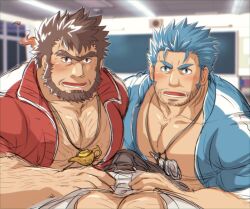 Rule 34 | 3boys, bara, beard, beard stubble, blue eyes, blue hair, blush, bulge, chalkboard, chest hair, classroom, erection, erection under clothes, facial hair, fins, fish boy, hairy, hand on another&#039;s stomach, indoors, jacket, jewelry, jinn (housamo), large pectorals, long sideburns, looking at viewer, love triangle, male focus, mature male, mononobe kyoma, multiple boys, muscular, muscular male, mustache stubble, necklace, pectoral cleavage, pectorals, pov, pov crotch, shell, shell necklace, short hair, sideburns, stubble, sunfight0201, thick eyebrows, tokyo houkago summoners, track jacket, triton (housamo), unibrow, v-shaped eyebrows, yaoi
