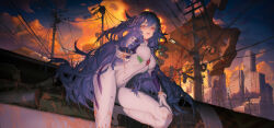 Rule 34 | 1girl, absurdres, atomicxx, ayanami rei, bad leg, blue hair, breasts, building, chinese commentary, city, disembodied hand, giant hand, grey pupils, heel up, highres, long hair, looking at viewer, medium breasts, narrow waist, neon genesis evangelion, orange clouds, outdoors, parted lips, plugsuit, power lines, red eyes, sky, skyscraper, solo, thighs, utility pole, very long hair, wet