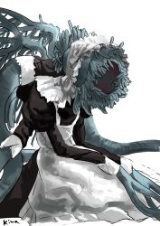 Rule 34 | 1other, alternate costume, apron, bloodborne, ebrietas daughter of the cosmos, eldritch abomination, enmaided, frilled apron, frills, green eyes, grey background, highres, hunched over, kiwa (soek), maid, maid apron, maid day, maid headdress, signature, simple background, sketch, solo, tentacles, wings