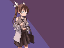 Rule 34 | 1girl, black bag, black skirt, brown hair, commentary, cosplay, dress, english commentary, grey jacket, hair between eyes, hair ribbon, hololive, jacket, kantai collection, long hair, look-alike, natsuiro matsuri, natsuiro matsuri (casual), natsuiro matsuri (cosplay), plaid, plaid shirt, pleated dress, purple background, ribbon, shirt, sixten, skirt, solo, tone (kancolle), twintails, two-tone background, virtual youtuber