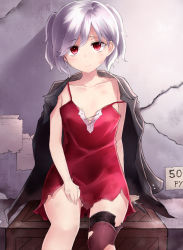 Rule 34 | 1girl, asymmetrical legwear, breasts, camisole, coat, comic, commentary request, crate, cyrillic, expressionless, hand on lap, highres, jacket, jacket on shoulders, knife, looking at viewer, neit ni sei, open clothes, open coat, original, red eyes, shadow, sign, silver hair, sitting, sitting on object, small breasts, solo, spaghetti strap, strap slip, thighhighs, torn clothes, torn thighhighs, twintails, uneven legwear, wall