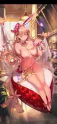 Rule 34 | 1girl, animal ears, armband, bad id, bad pixiv id, bed sheet, blonde hair, breasts, cleft of venus, collar, cuffs, destiny child, earrings, eri uasguki, fake animal ears, green eyes, highres, jewelry, large breasts, leotard, long hair, looking at viewer, menu, navel, necktie, nipples, nude, pillow, playboy bunny, pussy, rabbit ears, restaurant, shoes, sitting, sitting on pillow, solo, teiwaz (destiny child), thigh gap, thigh strap, thighhighs, thighs