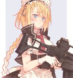 Rule 34 | 1girl, apron, assault rifle, blonde hair, blue background, blue eyes, blush, braid, braided bangs, breasts, closed mouth, g36 (girls&#039; frontline), girls&#039; frontline, gloves, gun, h&amp;k g36, holding, holding gun, holding weapon, long hair, looking at viewer, maid headdress, nagi 099, red neckwear, rifle, simple background, solo, upper body, weapon, white gloves