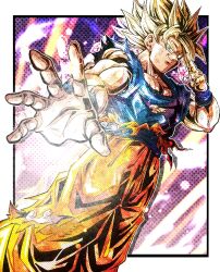 1boy background_request blonde_hair blue_sash blue_shirt blue_wristband closed_mouth commentary_request curtained_hair dragon_ball dragonball_z green_eyes instant_transmission looking_at_viewer looking_down looking_to_the_side male_focus medium_hair muscular muscular_male nose orange_pants outside_border pants reaching reaching_towards_viewer sash shirt short_sleeves smirk son_goku spiked_hair super_saiyan super_saiyan_1 torn_clothes torn_pants torn_shirt ushi_(akabec0) v-shaped_eyebrows