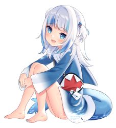 Rule 34 | 1girl, :d, artist name, barefoot, blue eyes, blue hair, blue hoodie, blue nails, blush, commentary, fins, fish tail, full body, gawr gura, gawr gura (1st costume), hair ornament, highres, hololive, hololive english, hood, hood down, hoodie, knees up, long hair, long sleeves, looking at viewer, multicolored hair, nail polish, nami (nyaa), open mouth, pixiv username, shark tail, sharp teeth, silver hair, simple background, sitting, smile, solo, streaked hair, tail, teeth, toenail polish, toenails, twitter username, two side up, virtual youtuber, white background, wide sleeves