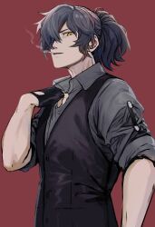 Rule 34 | 1boy, black hair, black vest, collared shirt, fate/grand order, fate (series), grey shirt, hair over one eye, hand on own chest, highres, looking at viewer, male focus, medium hair, noz 2to, okada izou (fate), okada izou (i&#039;m one dapping fella) (fate), open collar, ponytail, red background, shirt, simple background, sleeves rolled up, smoking, solo, upper body, vest, yellow eyes