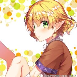 Rule 34 | 1girl, album cover, arm warmers, blonde hair, blush, brown shirt, check commentary, closed mouth, commentary, commentary request, cover, from side, frown, green eyes, leg up, looking at viewer, mizuhashi parsee, official art, pointy ears, polka dot, polka dot background, sakura tsubame, scarf, shirt, short hair, short sleeves, sitting, touhou, touhou cannonball, v-shaped eyebrows, white background, white scarf, wide sleeves
