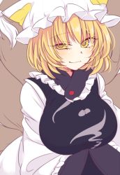 Rule 34 | 1girl, animal hat, bianco (mapolo), blonde hair, breasts, closed mouth, dress, fox tail, frilled hat, frilled shirt collar, frilled sleeves, frills, hat, large breasts, long sleeves, looking at viewer, mob cap, multiple tails, short hair, solo, tabard, tail, touhou, upper body, white dress, white frills, white hat, wide sleeves, yakumo ran, yellow eyes