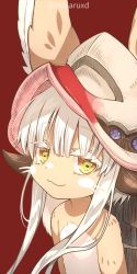 Rule 34 | 1other, :3, ambiguous gender, blackcat (blackcatbox), ears through headwear, furry, horizontal pupils, looking at viewer, made in abyss, nanachi (made in abyss), other focus, red background, solo, thick eyelashes, twitter username, upper body, whiskers, white hair, yellow eyes