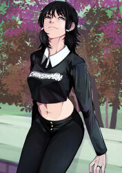 Rule 34 | 1girl, black hair, black pants, black shirt, chainsaw man, closed mouth, commentary, copyright name, cropped shirt, dakaeya, english commentary, grey eyes, half-closed eyes, highres, jewelry, long hair, long sleeves, looking at viewer, midriff, mifune fumiko, navel, navel piercing, pants, piercing, ring, shirt, smile, solo