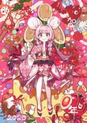 Rule 34 | 1girl, 2020, :3, absurdres, animal ears, braid, chinese zodiac, confetti, drum, eating, food, highres, holding, holding food, instrument, japanese clothes, kimono, long hair, looking at viewer, mouse (animal), mouse ears, mouse girl, original, petals, pink hair, purple eyes, sandals, solo, tabi, taiko drum, twin braids, wata (attaka towel), white legwear, wide sleeves, year of the rat